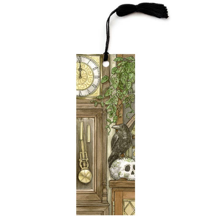 Grandfather Clock with Raven Bookmark with Black Tassel for wholesale by Motif's Art Studio