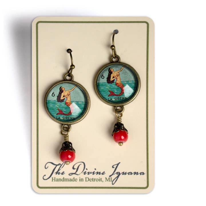 The Divine Iguana - Wholesale Dangle Earrings - Loteria La Sirena Mermaid Glass Cabochon Earrings