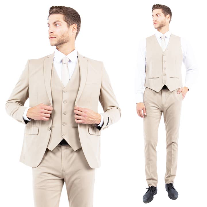 Suits America - Wholesale Suit Set - Men's - Mens Suit 4-Way Stretch 3pc w/ Expandable Waistband, Tan