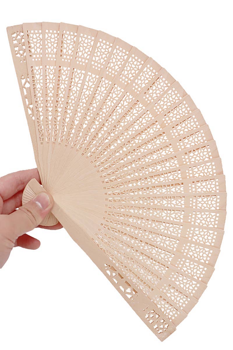 AS SHOWN Dynasty Hollow Laser Cut Wooden Hand Held Fan for wholesale on Faire1