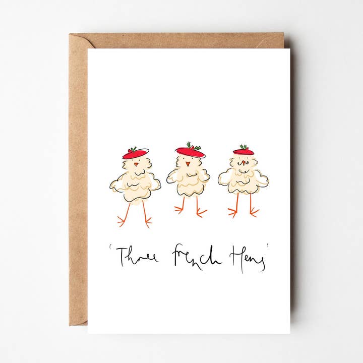 Three French Hens - Carte de Noël amusante en forme d'animal pour la vente par Bellynam Studio