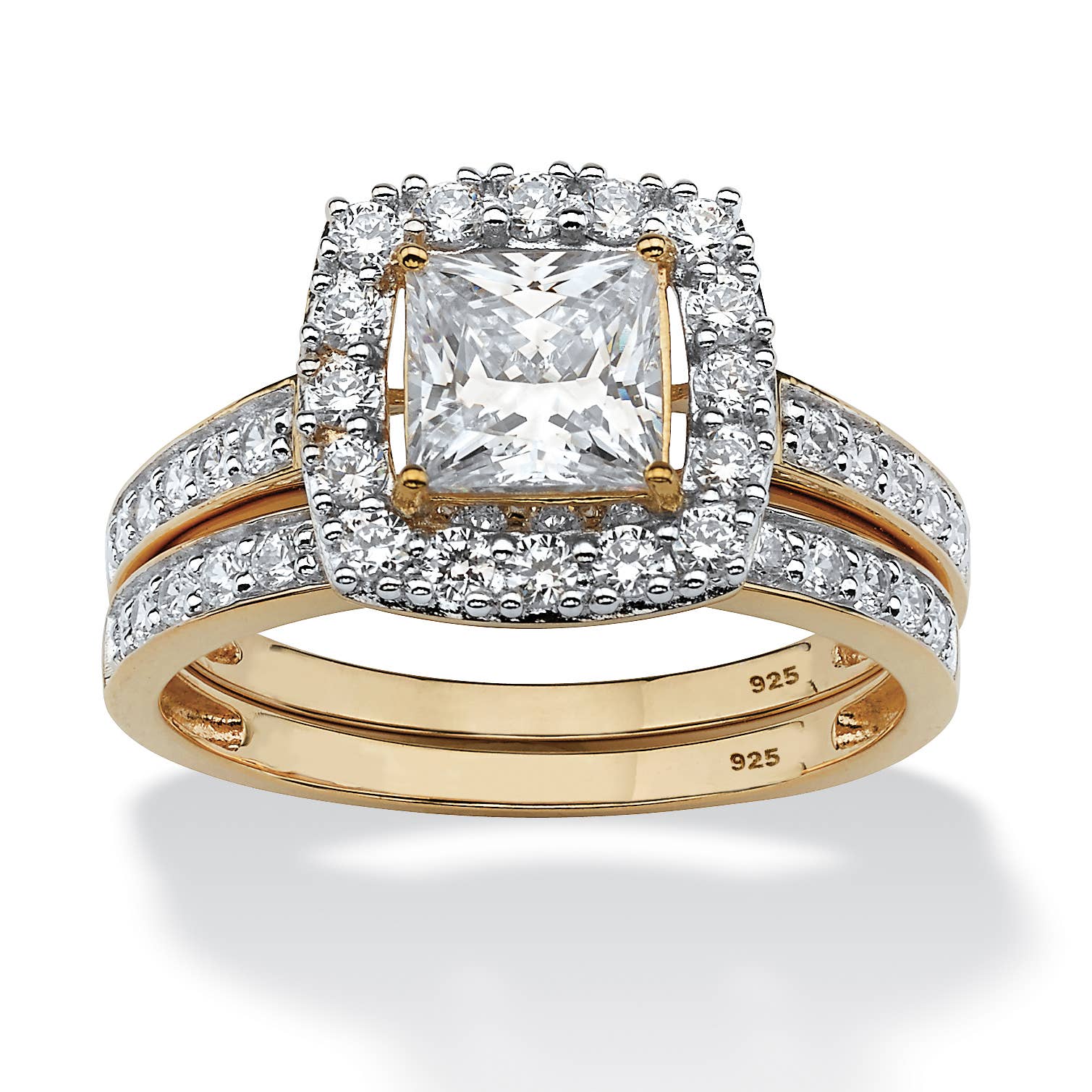 PalmBeach Jewelry - Wholesale Engagement Ring - Princess-Cut Cubic Zirconia Bridal Set in Gold-Plated Silver1