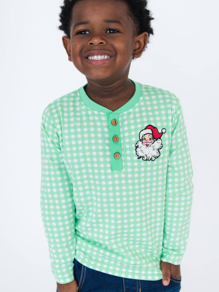 Boys Dear Santa Green Gingham Knit Long Sleeve Embroidered Henley Tee
 for wholesale by RuffleButts + RuggedButts