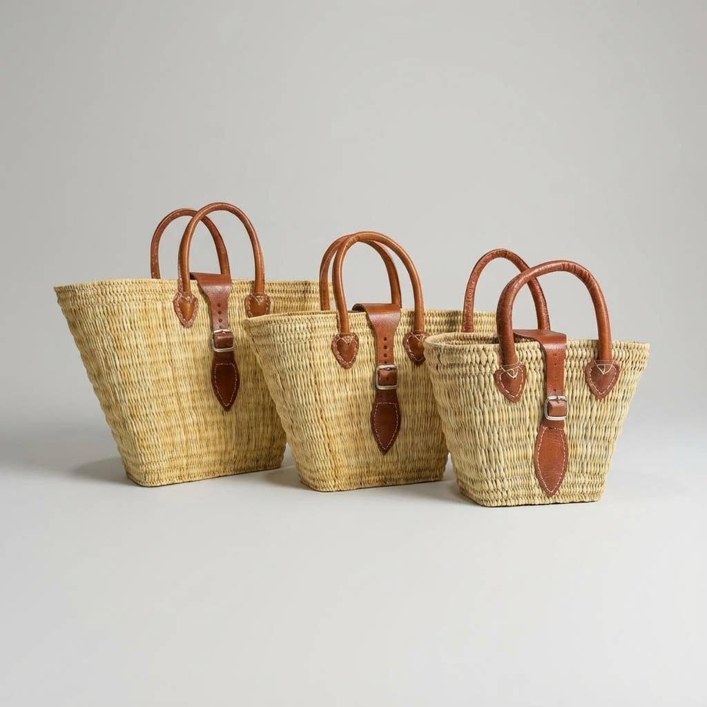 Melecraft - Wholesale Basket - Woven Reed Market Basket Leather Strap - Natural Boho Tote15