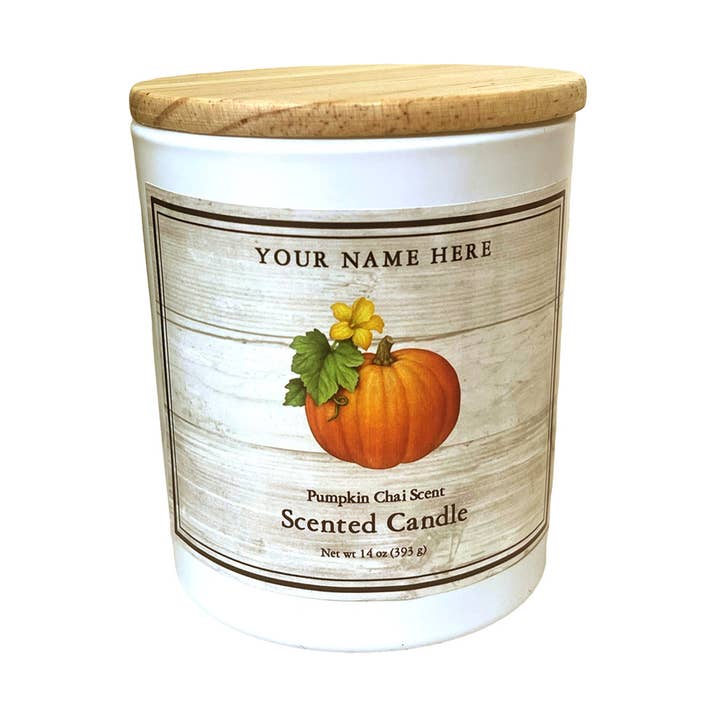 Customizable Farm Market Pumpkin Chai Soy Candle 14 oz for wholesale by Kiss Me in the Garden