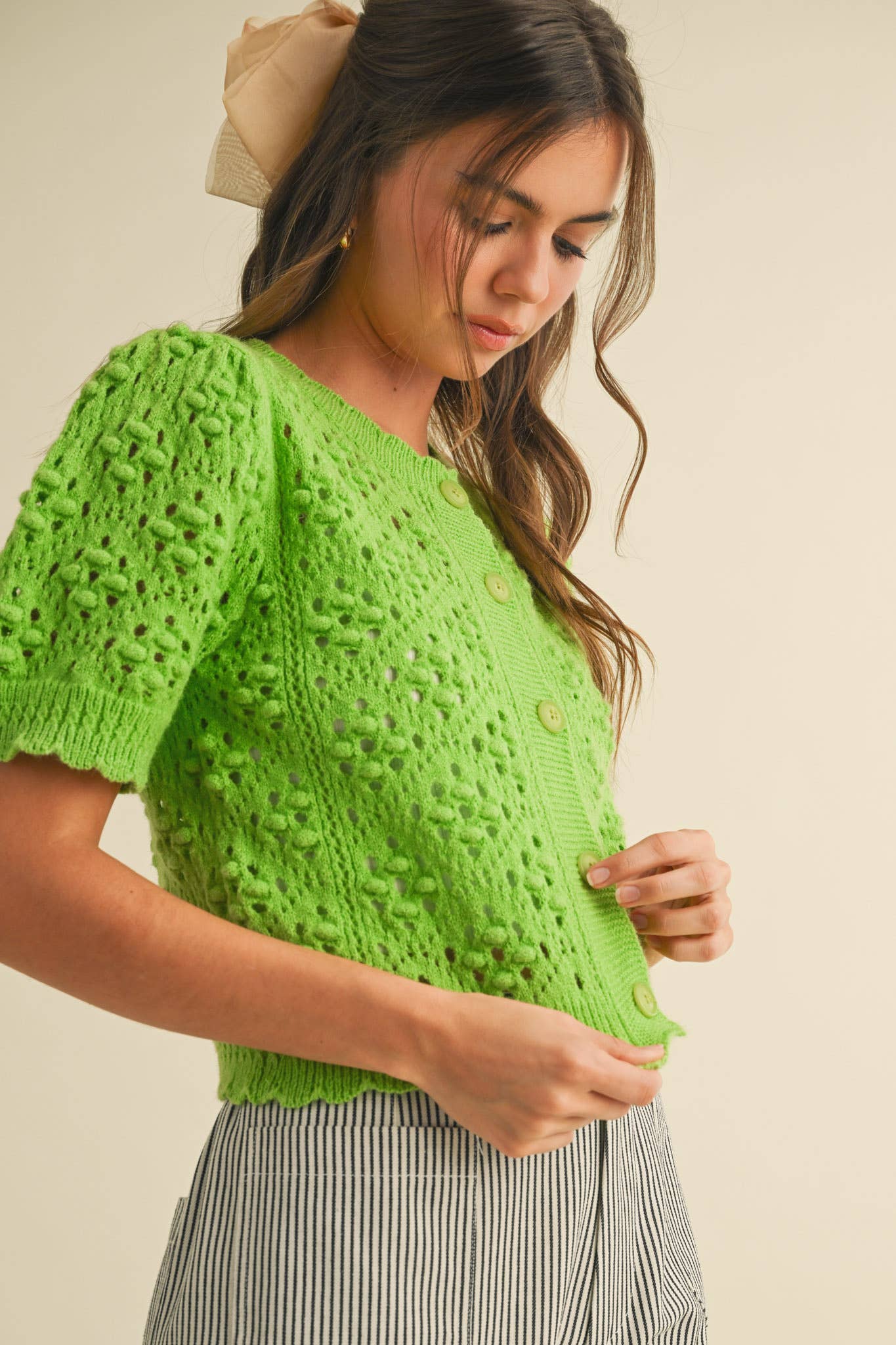 &MERCI - Wholesale Cardigan - Women's - CROPPED POINTELLE BUTTON DOWN SWEATER CARDIGAN MSW1085735