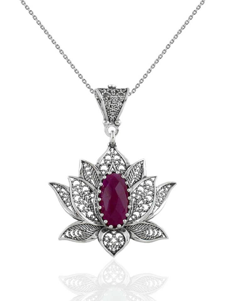 Sterling Silver Lotus Ruby Corundum Woman Pendant Necklace for wholesale by Filigranist Jewelry