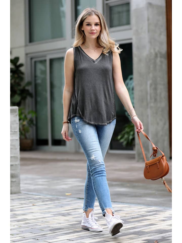 42POPS - Wholesale Knit Top - Women's - ".....Washed Sleeveless V Neck Top W Hi Low Hem