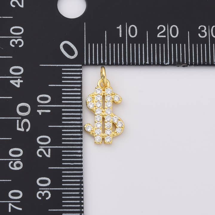 Beads Creation - Wholesale Individual Charm/Pendant - Gold Filled Dollar Sign Charm Pendant CZ Micro Pave, CP2223