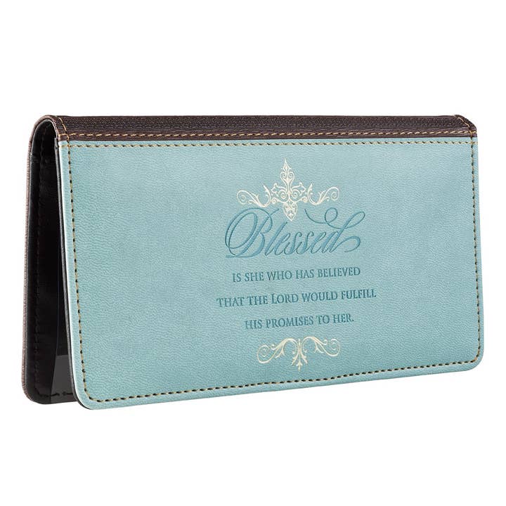 Christian Art Gifts - Wholesale Wallet - Women's - Checkbook Wallet Blue/Brown Blessed is She Luke 1:45