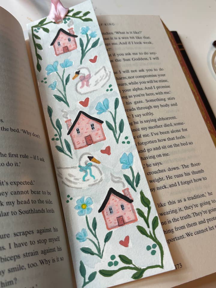 Schwanenhäuschen Handgemaltes Lesezeichen für den Großhandel von Megan Lindsey Illustration
