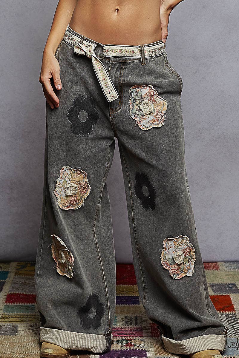 Pol Clothing - Wholesale Pants - Women's - Floral Patchwork Rolled-up Denim Straight Pants0