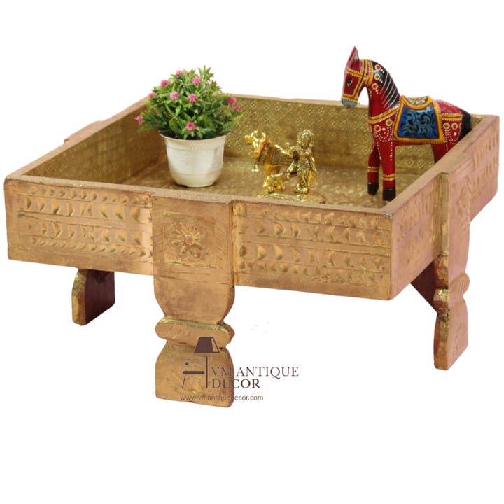 Antique-Inspired Embossed Brass Pooja Chowki with Intricate for wholesale by VIRATRA ART DECOR