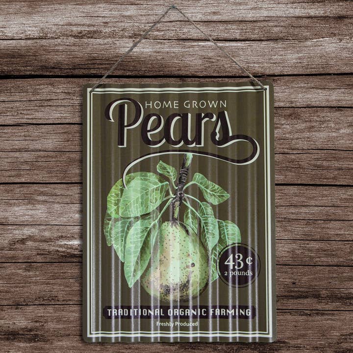 Letrero grande ondulado de metal con motivo de pera en verde para venta al por mayor de Antikas
