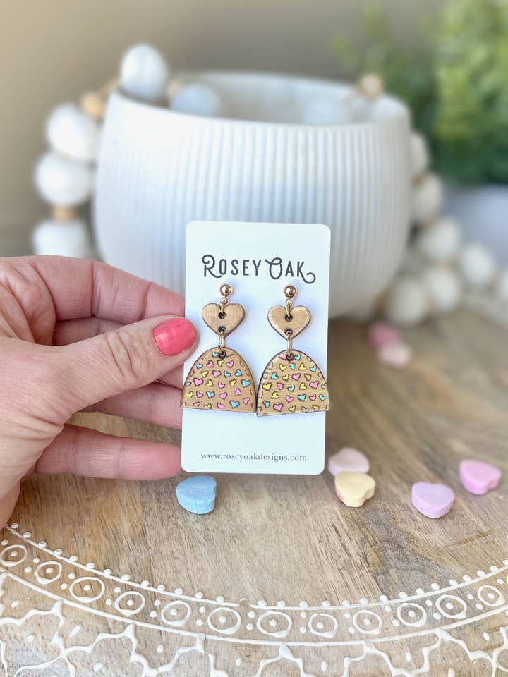 Valentines Distressed Hearts Laser Engraved Wood Earrings for wholesale by Rosey Oak Designs