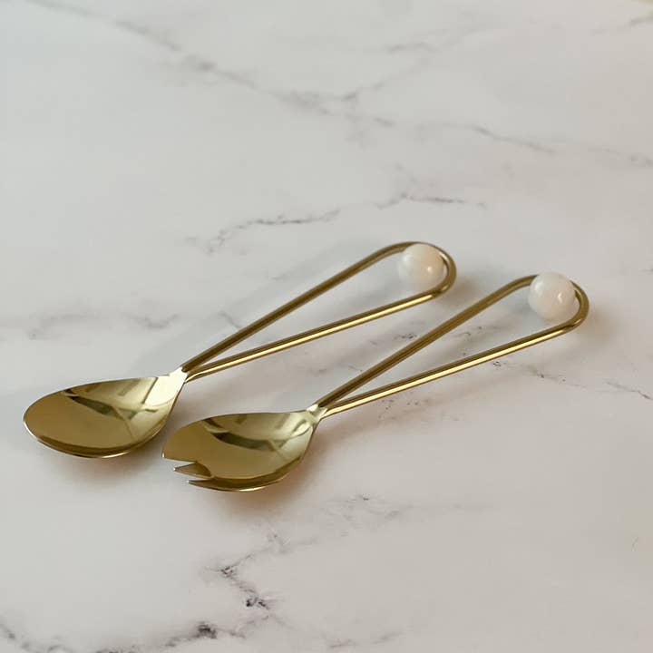 Gold Stainless Steel Salad Servers With Balls for wholesale by Boker-Tov Shalom
