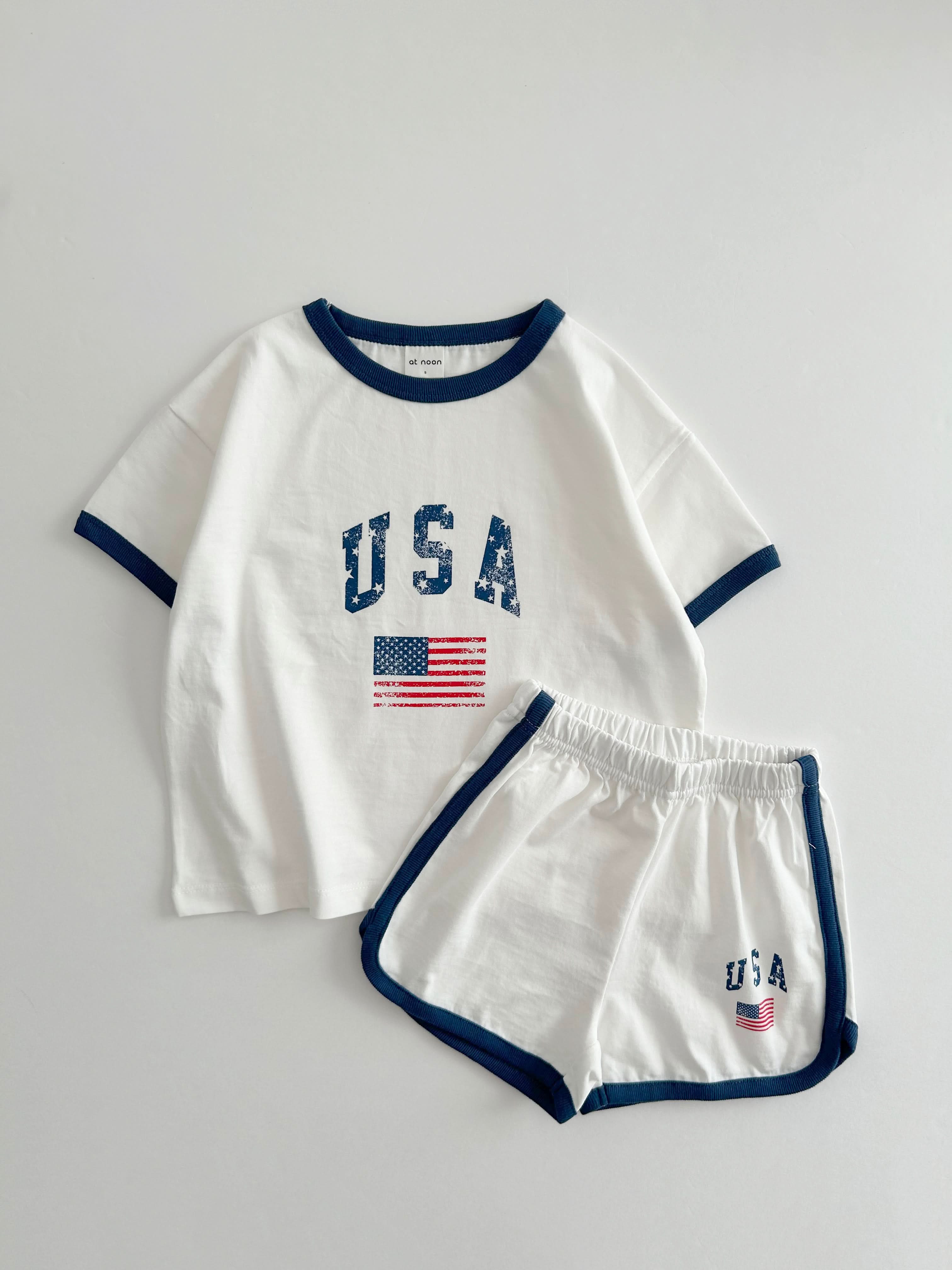 At Noon - Wholesale Top en short set - Kinderen - [At Noon Original Design] Kinderen Vintage Print USA Ringer T-shirt en Shorts Set (8m-7j) - 3 Kleuren1