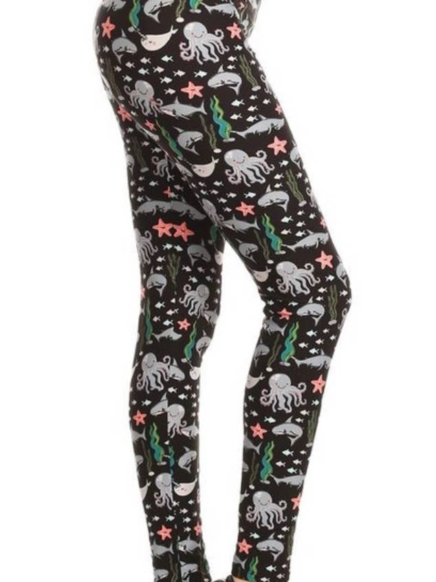 Ocean Creature Curvy Legging mit Narwalhai-Oktopus, Übergröße für den Großhandel von Love 4 Leggings