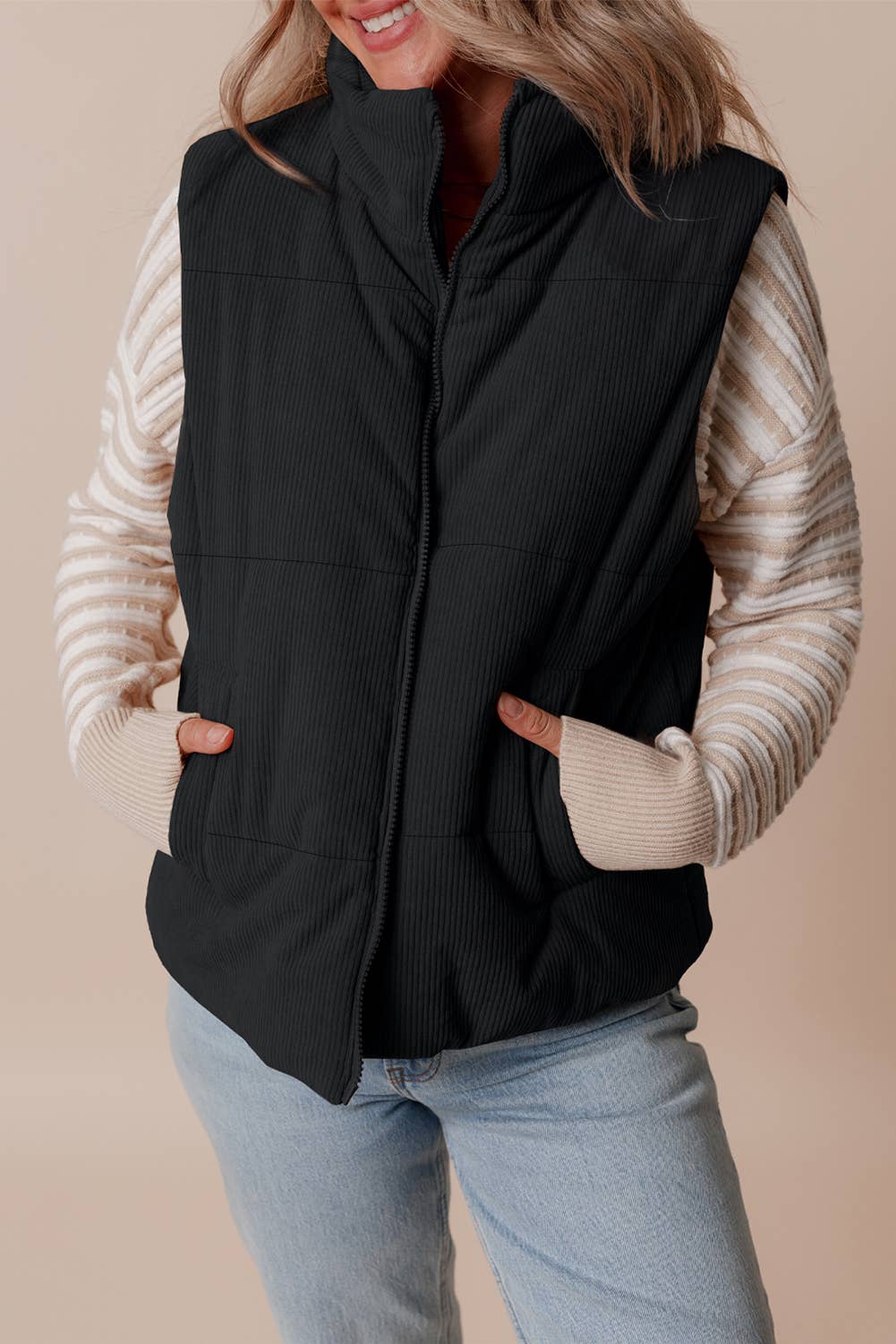1 the Woman - Wholesale Outerwear Vest - Women's - Corduroy Stand Neck Zipped Puffer Vest12