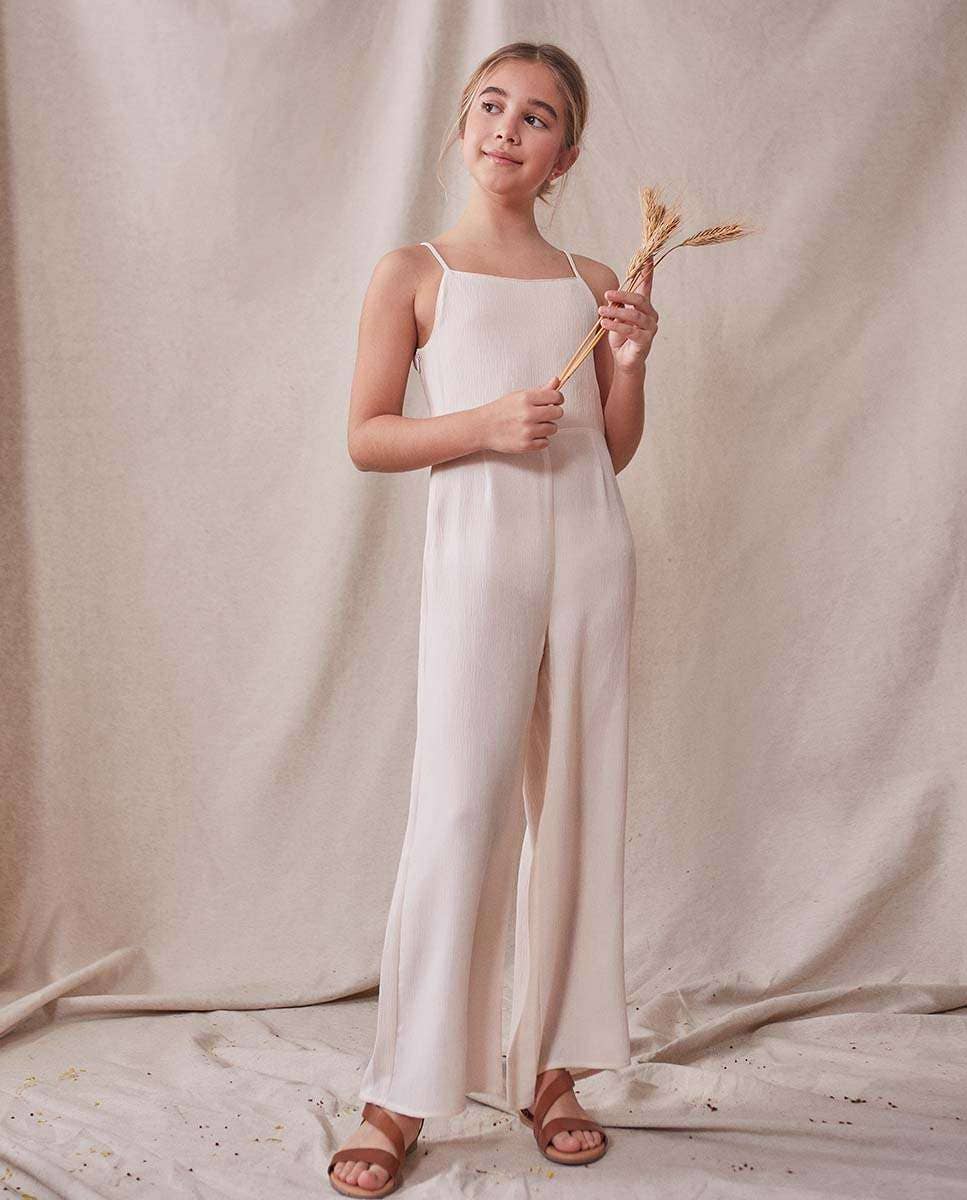 Beige Plain Chiffon Long Strappy Girl's Jumpsuit for wholesale on Faire8