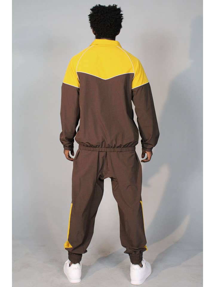 Brown Mustard Colorblock High Neck Windbreaker Set (BROWN/MUSTARD) for wholesale on Faire