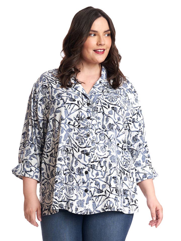 Tianello Plus sized French Batik Print TENCEL™ Aida Blouse for wholesale by Tianello