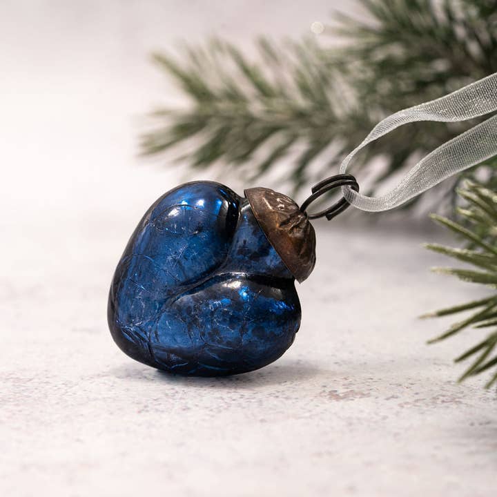 Conjunto de 6 Corações de Vidro Pequenos 1" Antigo Navy Crackle por atacado de Bollywood Christmas