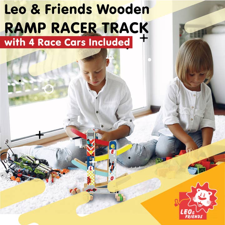 Leo & Friends - Wholesale Wood Toy - Kids - Leo & Friends Wooden Ramp Racer Track with 4 Race Cars8