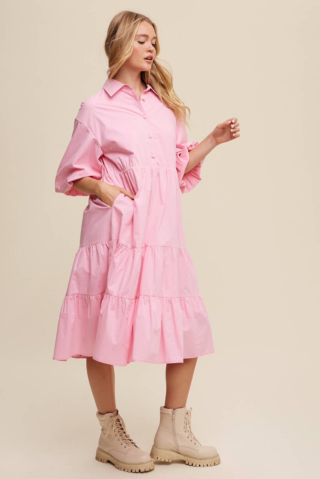 Listicle - Wholesale Dress - Women's - Tiered Poplin Shirt Dress46