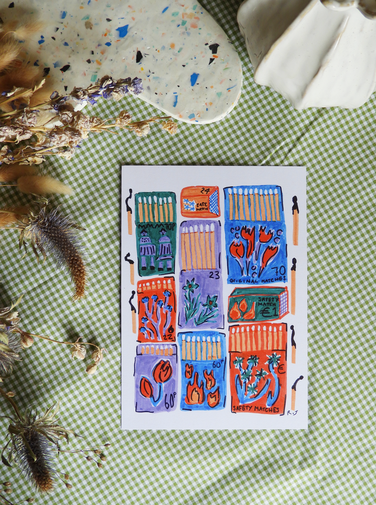 Rebecca Joy Ltd - Vendita all'ingrosso Stampa artistica - 'Scatole di fiammiferi' | Disegnato a mano | Stampa in stile vintage1