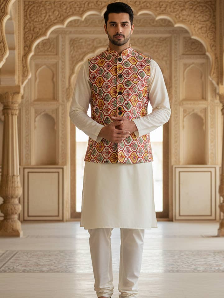 Herren Nehru-Jacke mit mehrfarbigem Blumenmuster und elfenbeinfarbenem Kurta-Pyjama für den Großhandel von Masculine Moda