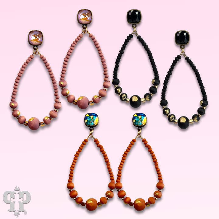 Graduated wood bead teardrop earring with Austrian crystal - LC for wholesale by Pink Panache Brands