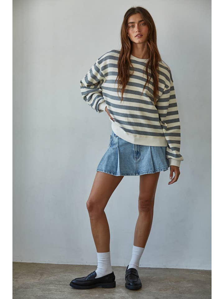Cream Grey L8583 | Knit Cotton Striped Crew Neck Long Sleeve Sweatshirt for wholesale on Faire1