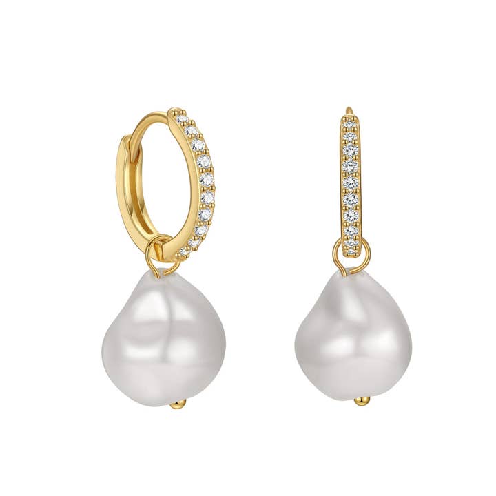 Detachable Diamond Huggie Baroque Pearl Earrings for wholesale by Angel Barocco