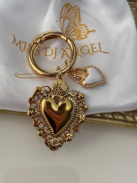 Miss DJ Angel - Wholesale Individual Charm/Pendant - Ex-voto sacred heart charms, ex-voto bag charms, sacred heart charms gift for women, gold and white heart charms3