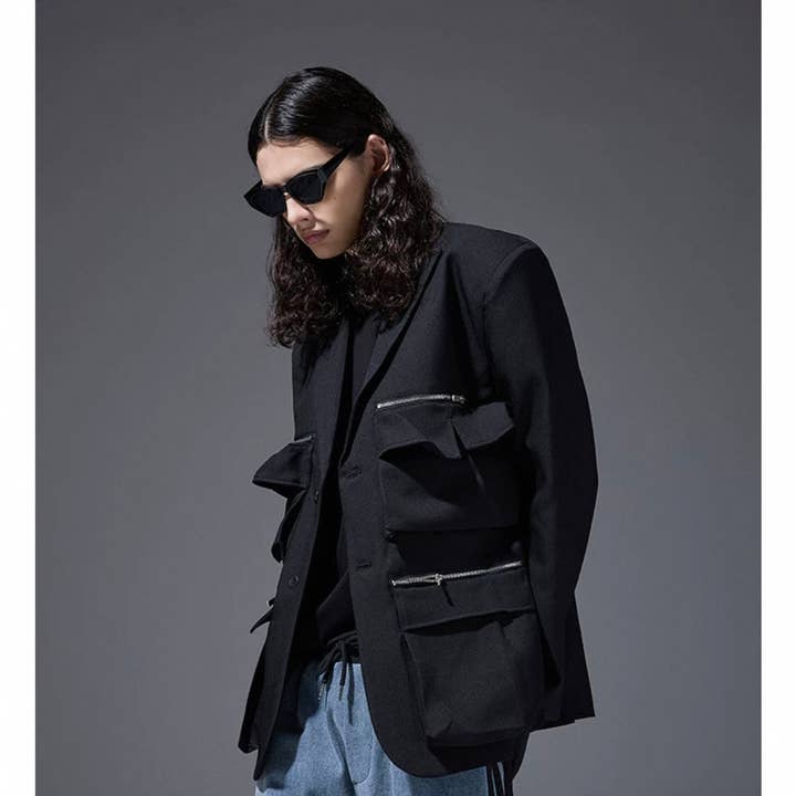 Multiple pockets black canvas cotton blazer for wholesale by Vanida Dang