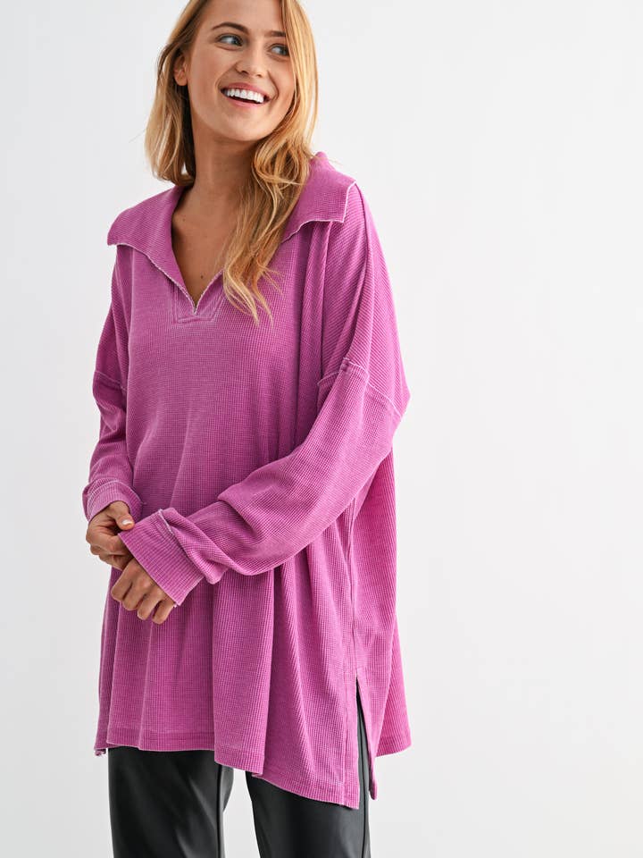 Mono B - Wholesale Tunic - Women's - Cotton Blend Waffle Knit Oversized Collared Long Sleeve23