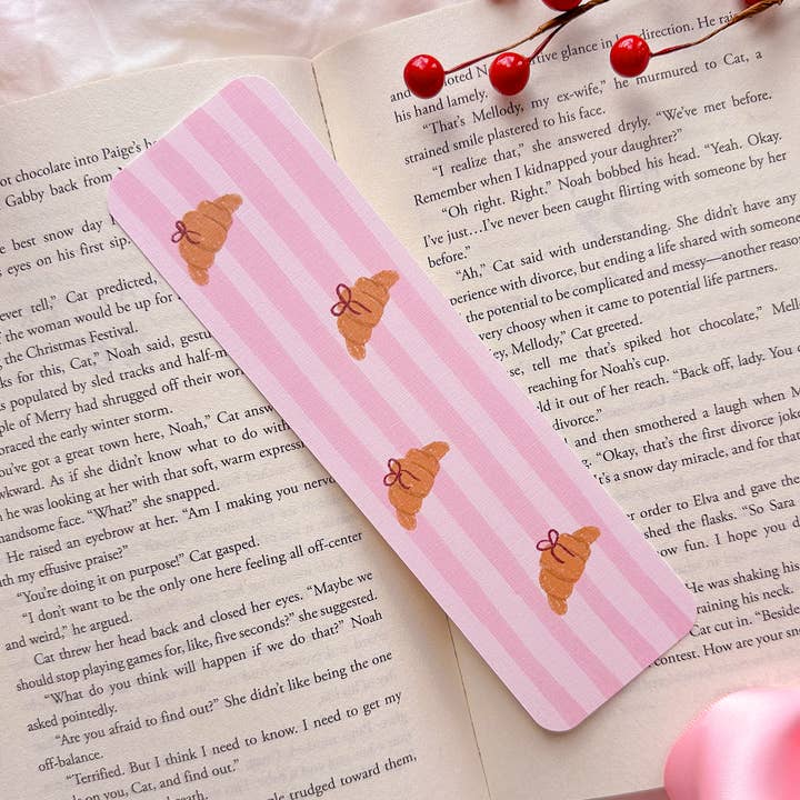 BlushedDesigns Co. - Wholesale Bookmark - Croissants and Bows Linen Bookmark0