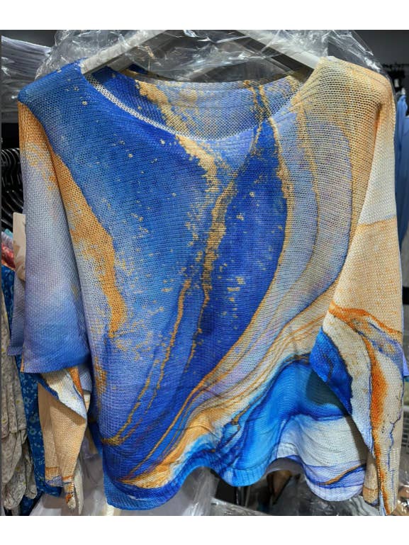 LOOWIE - Wholesale Knit Sweater - Women's - C1010 Tie-dye Royal Blue Round Knit Long Sleeves Sweater