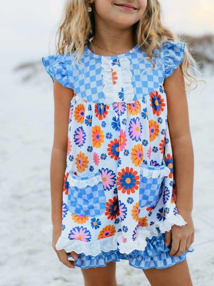 Girls Blue Check Flower Power Spring Summer Short Set for wholesale by Adorable Sweetness