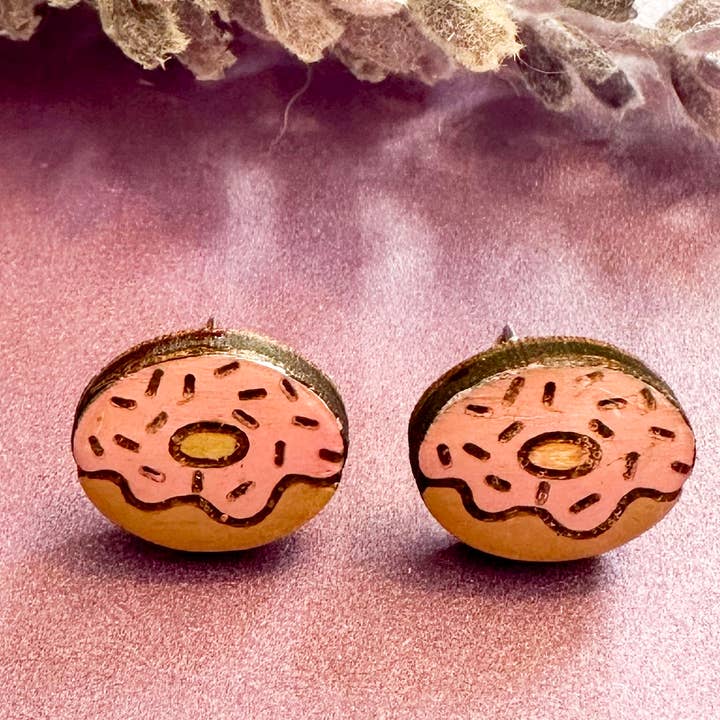 Pink Frosted Donut Handmade Wood Stud Earrings for wholesale by The Poppy Peach, LLC.