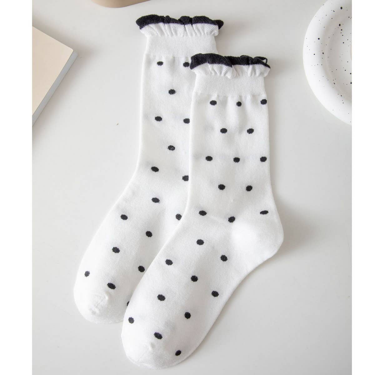 NINEXIS - Vente Chaussettes – femme - CWMS02981_CHAUSSETTES FEMME À CARREAUX À POIS AVEC VOLANTS ET COUPE DÉCONTRACTÉE2