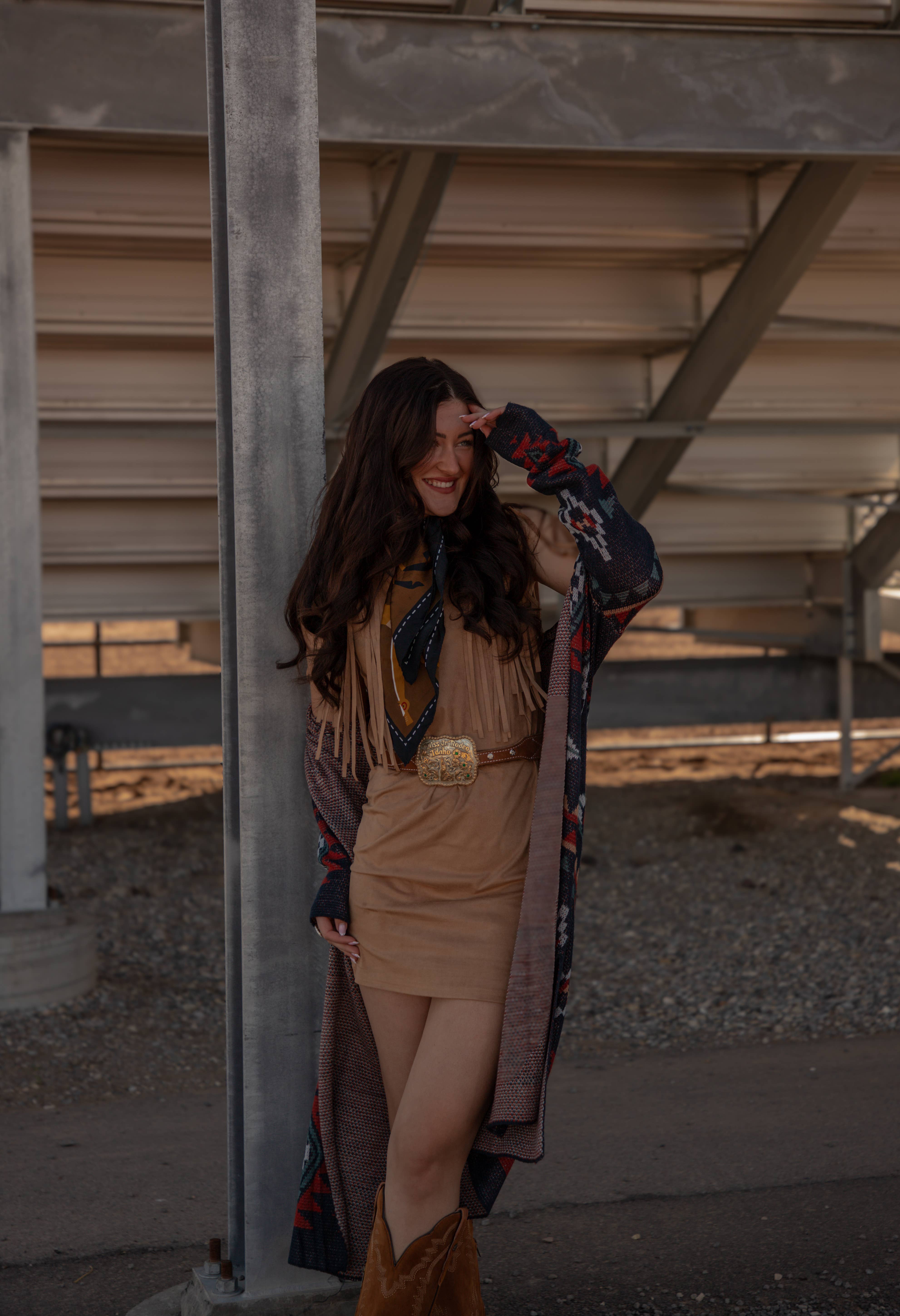 Multi Colored Poly Faux Suede Dress with Frings-D-203 for wholesale on Faire7