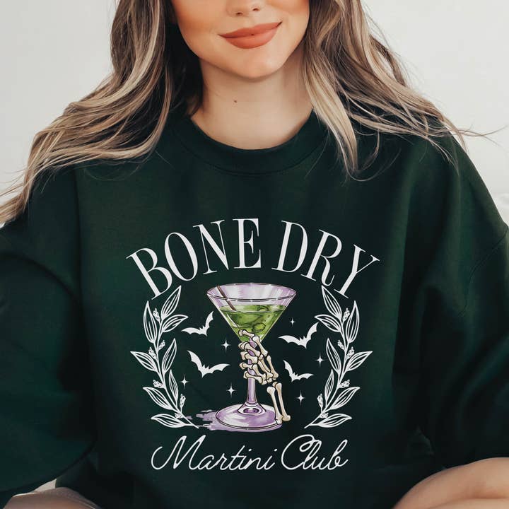 P E T I T R U E - Wholesale Graphic Sweatshirt - Women's - Bone Dry Martini Club" Halloween Sweatshirt Skeleton Graphic7
