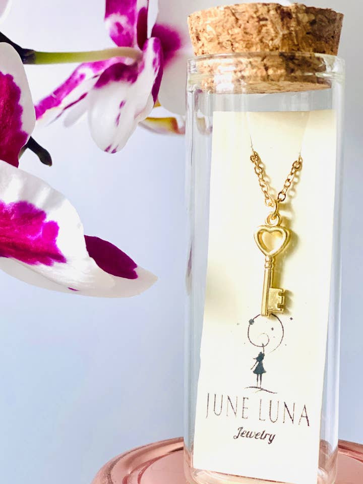 Heart Key Charm Necklace 💛🗝️ for wholesale by June Luna Jewelry