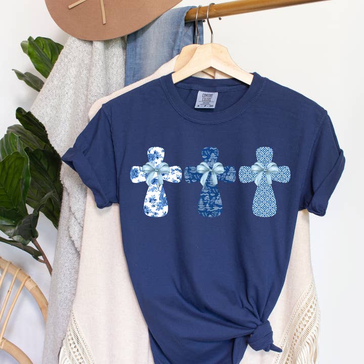 Chinoiserie Christian Cross Comfort Colors Tee for wholesale by The Luna T Company