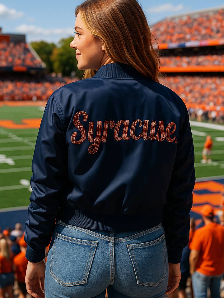 Syracuse Script Navy Bomber for wholesale by Moving Forward Designs