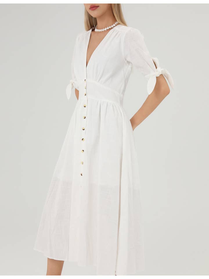 White Linen Casual Short Sleeves Bowknot Midi Dress SKD152 for wholesale on Faire