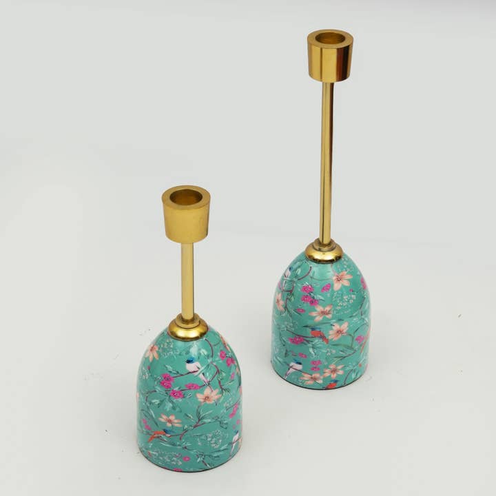 Aqua Flora Tapered Candleholders for wholesale by Mela Artisans