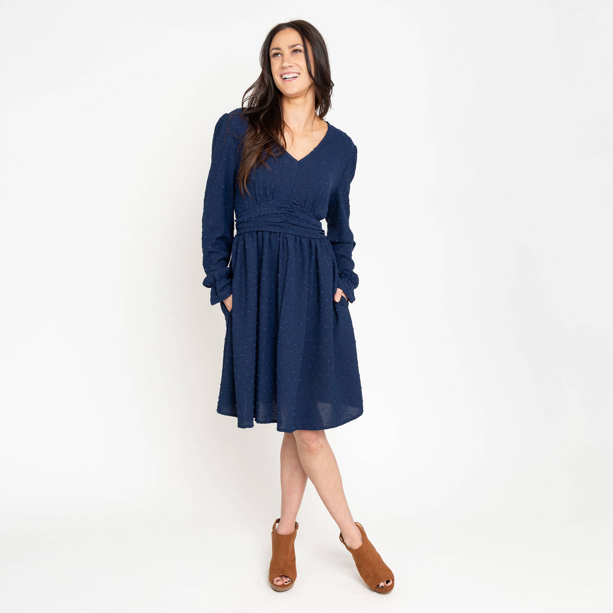 Elsie & Zoey - Wholesale Dress - Women's - Hayden Swiss Dot Long Sleeve Ruched V-Neck Dress1